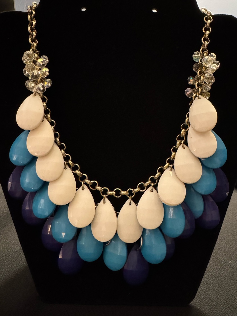 Statement Bib Necklace - Blue Ivory  Teardrop - AB Crystal - Rolo Link 25”